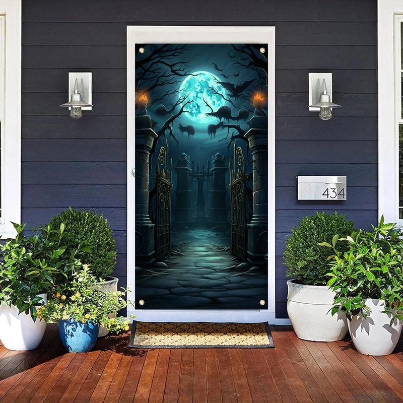 70×35 inch Halloween Door Banner Happy Halloween  Horror Graveyard Full Moon Photography Photo Background Banner