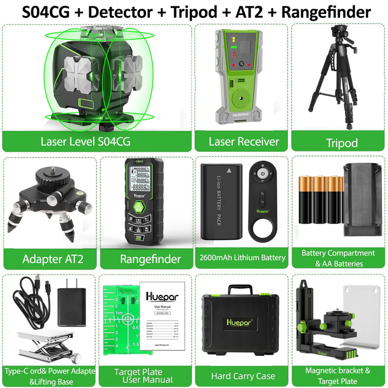 Huepar S04CG-C Set 4D 16 Lines Cross Line Laser Level LCD/Bluetooth/Remote Laser Tools With Detector Tripod Rangefinder Adapter