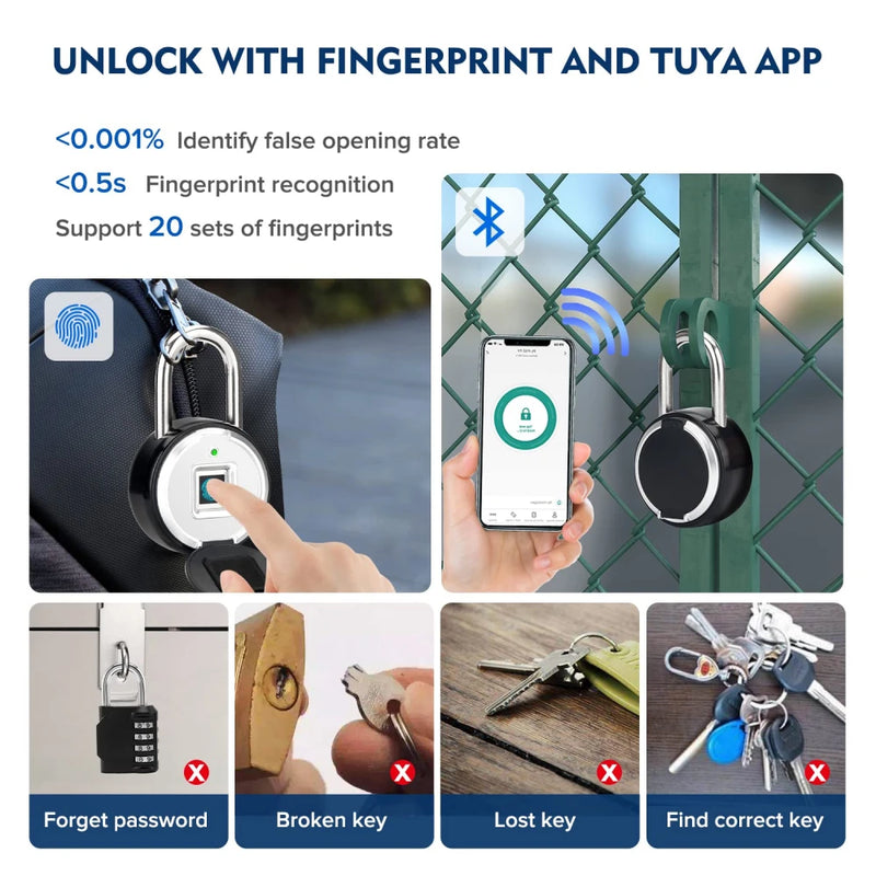 Tuya Smart Padlock Biometric Fingerprint Lock Waterproof Electronic Locks Smart Life APP Keyless Unlock Home Security Protection