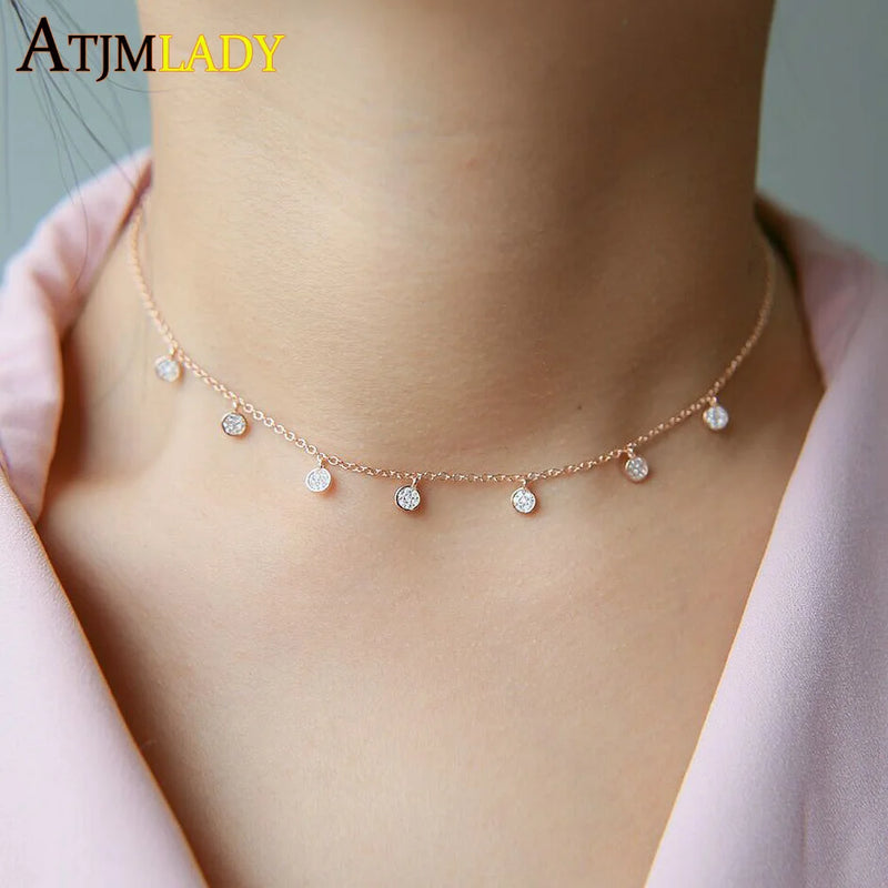 925 Sterling Silver Clear CZ Station Multi Charm Choker Fashion Delicate Dainty Disco Dots Drip Drop Pendant Necklace For Women