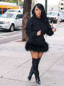 CM.YAYA Women Hooded Long Sleeve Fur Hem Sweathirt Style Midi Dress 2023 Winter Fashion Streetwar Mini Black Dresses Vestidos