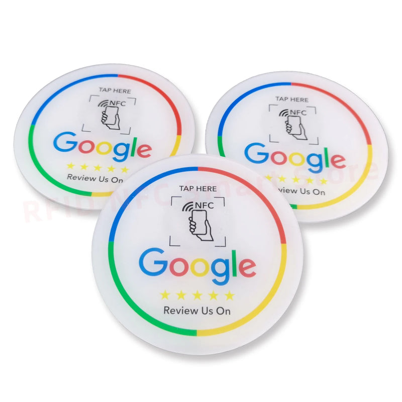 13.56MHz Programmable Acrylicl with Self-adhesive Backing NFC Table Sticker Diameter 10CM Google Reviews NFC Sticker NFC 215