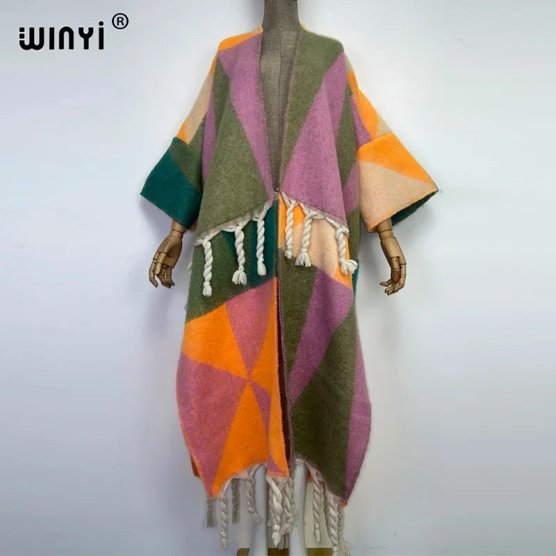 2022 WINYI Winter Women tassel Cardigan coat Loose Christmas dress robe longue Thick Warm free size Middle East Female Kaftan