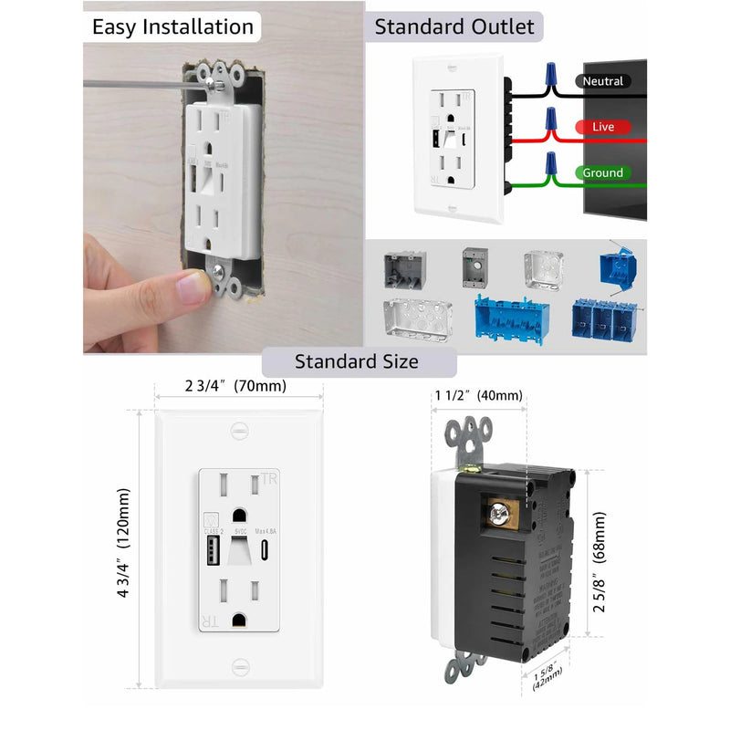 LED Night Light Outlet with 24W USB C+A Fast Charging, 4.8A, On/Off Switch