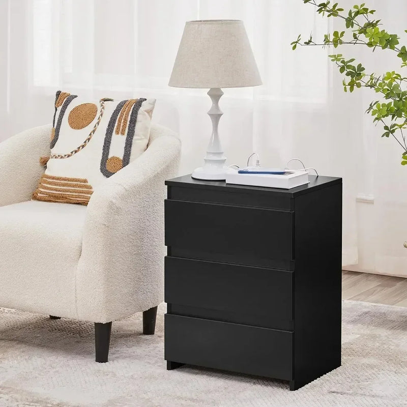 Bedside Table Set of 2, Nightstand with Charging Station, 3-Drawer Bedside Cupboard Storage Cabinet with 2 USB Ports &