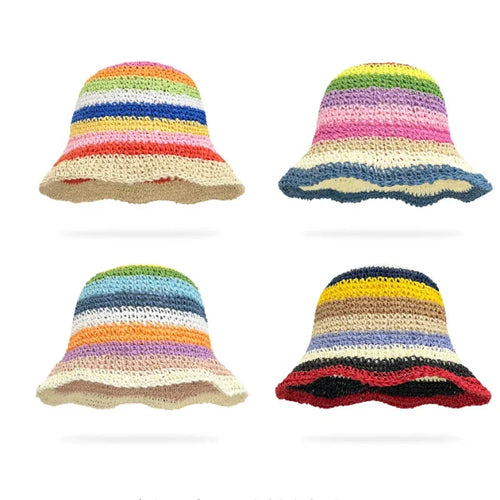 Sonnenhut Damen Sommer Sonnenschutz UV-Schutz 2024 Neu Strandurlaub Fischerhut Regenbogen Bunt Gestreift Beckenhut