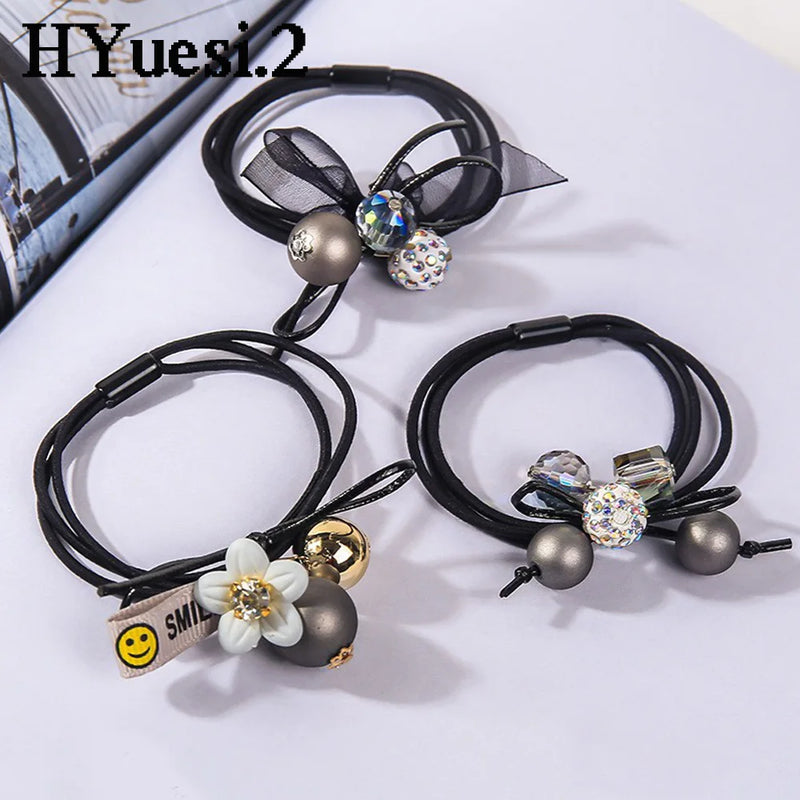 6pcs/Set Crystal Ball Beaded Hair Ties Elegant Bowknot Ribbon Hair Ropes Women High Elastic Three Layers Ponytail Rubber Band