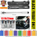 28-210Nm Ratchet Torque Wrench 1/2" Wheel Bolt Wheel Nut Wrench 460mm with Extension & Wheel Bolt Sockets 17mm/19mm/21mm & Case