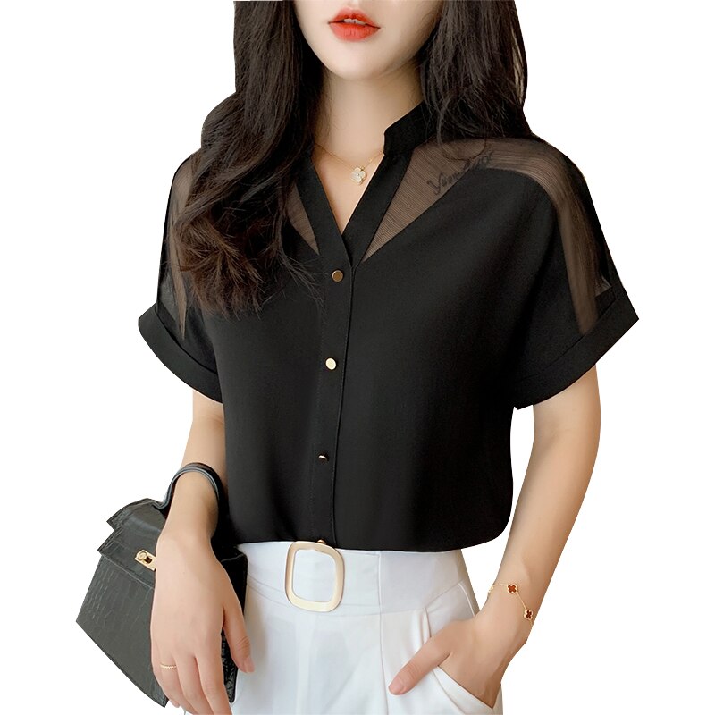 2023 Summer New Style Short-Sleeved Top Women Fashion Solid Color Mesh V-neck Women Shirts Pullover Chiffon Women Blouse 9632