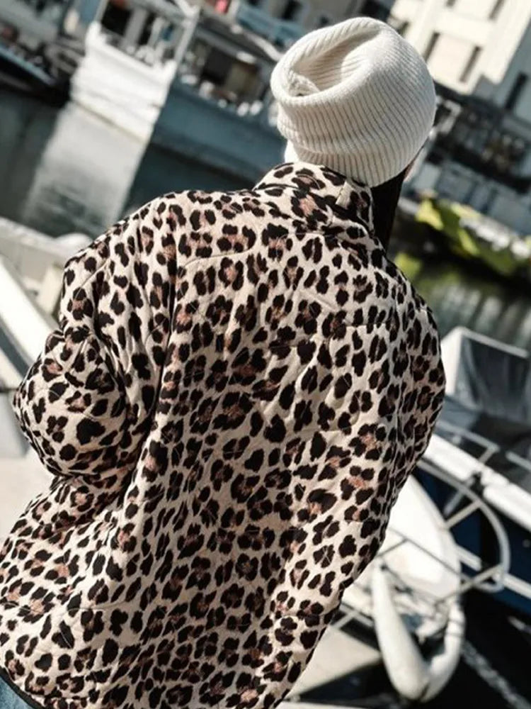 Leopard Print Cotton-padded Coat Women Casual Long Sleeve Lapel Patchwork Pockets Female Jacket 2023 Winter Warm Lady Outwear