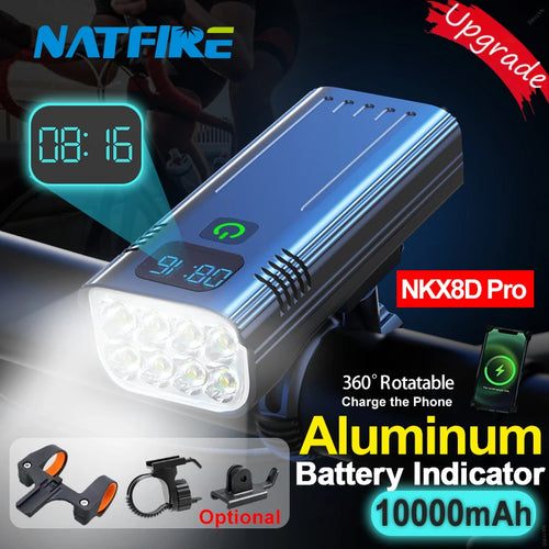 NATFIRE 10000mAh Fahrradlicht mit digitaler Batterieanzeige, USB-aufladbares Fahrradlicht-Set mit 3 Halterungen, 7000LM, 8 LED Taschenlampe