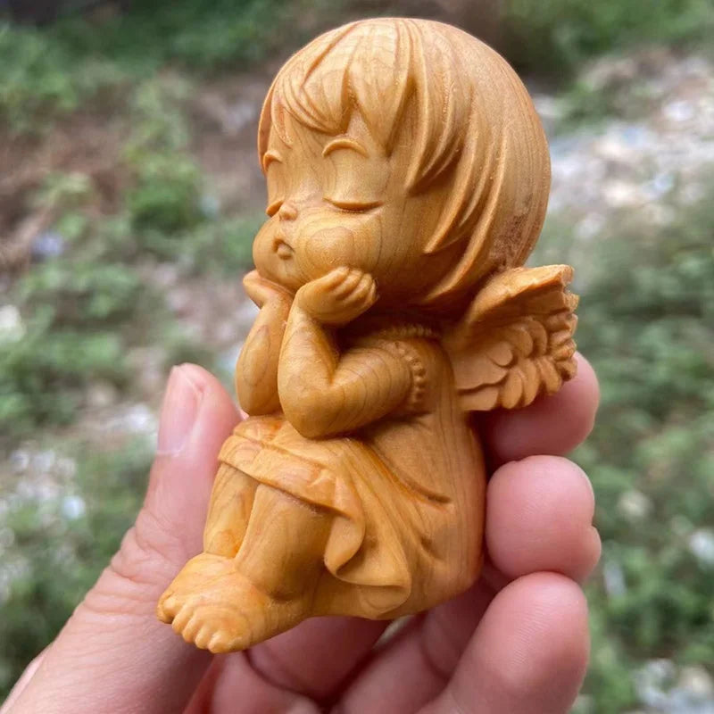 Wooden Little Angel Characters Decorative Statue Cute solid wood carving Home Room Office Car Art Sculpture Small Gift