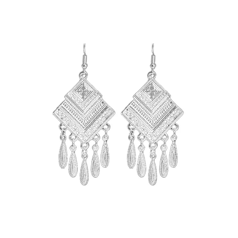 Vintage Long Tassel Silver Color Earrings Retro Hollow Out Geometry Peacock Dangle Hanging Earrings for Women Indian Jewelry