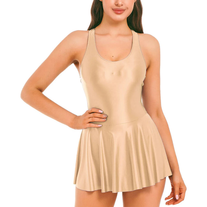 Womens Dresses Tank Dress Glossy Stretchy Sleeveless Solid Color Athletic Tennis Dress Nightwear Porno Clubwear Exotic Dresses