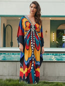 Women Ethnic Print Kaftan Beach Dress Bathing Suit Plus Size Swimsuit Cover Up Beachwear