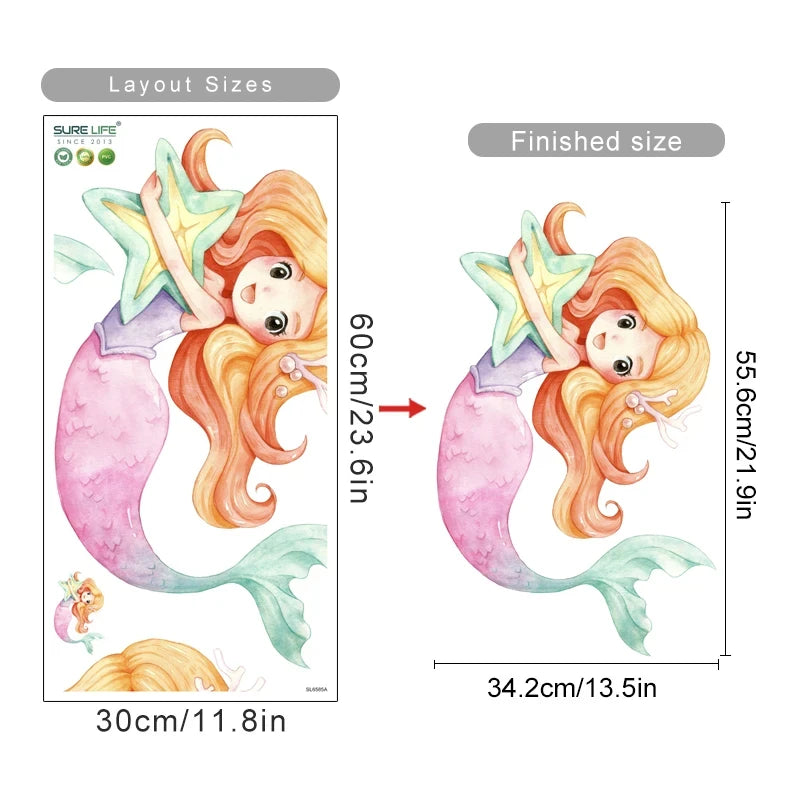 Cute Cartoon Mermaid Swinging Jellyfish Wall Stickers for Baby Girls Room Kids Room Wall Decals Nursery Living Room Decor