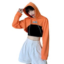 Female Cut Out Crop Top Hoodie Long Sleeve Hooded Pullover Sweatshirt Drop Shoulder Drawstring Hoodie Crop Jumper-Top