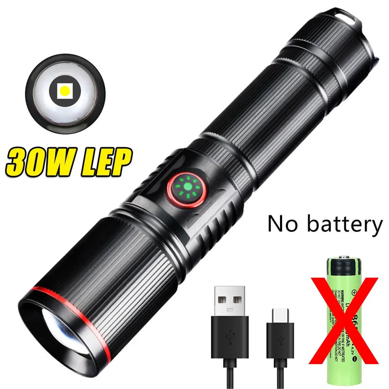 Heinast 1000lm S009 Powerful Tactical LEP Flashlight 18650 or 21700 Battery Zoom Torch Light Lamp with Tail Rope Power Indicator