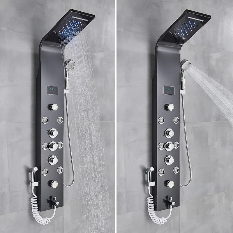 Black Bathroom Shower Panel SPA Massage Jet Shower Column LED Display Stainless Steel Shower System