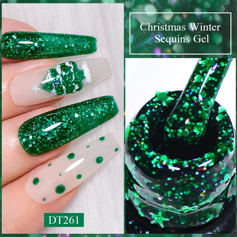 MEET ACROSS 7ml Christmas Seris Gel Nail Polish Winter Green Red Sequins Gel Polish For Manicure Uv Led Gel Varnish Nail Art