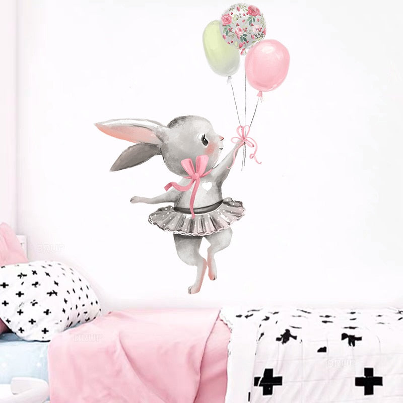 Watercolor Cartoon Bunny Wall Stickers Baby Nursery Wall Decals for Kids Room Living Room Bedroom Home Decor Rabbit Stickers PVC