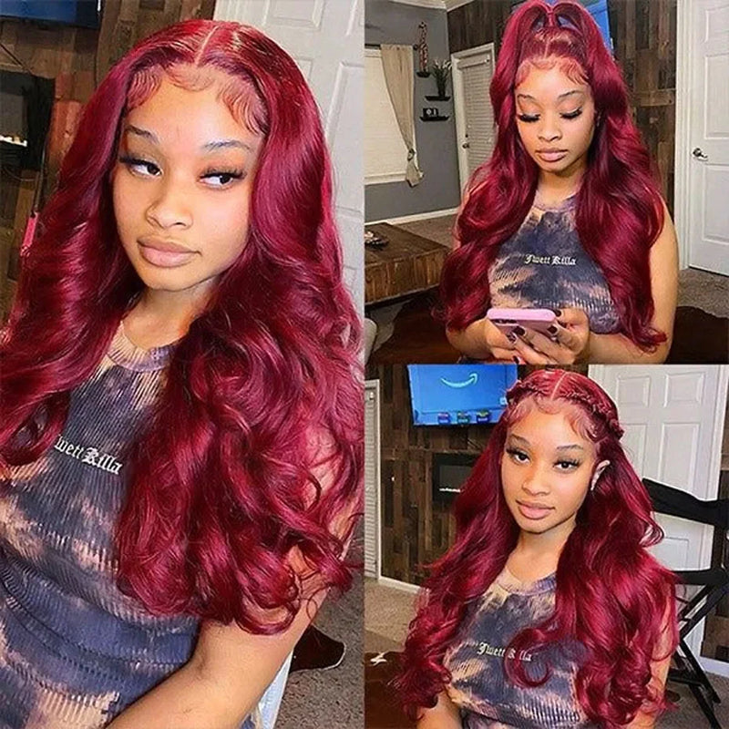 99j/Burgundy Body Wave Transparent Lace Frontal Human Hair Wigs 13x6 Lace Frontal 180% Density Wigs For Women With Baby Hair
