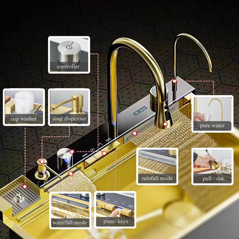 Gold Multifunctional Kitchen Waterfall Sink Digital Display Large Single Sink Dish Basin Sink 304 Stainless Steel