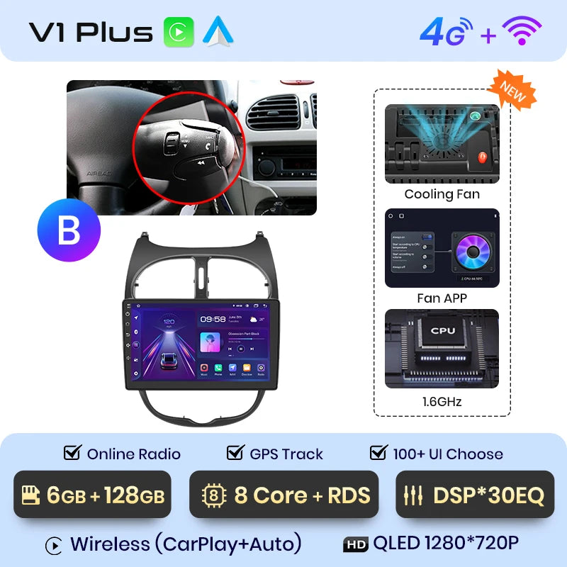 Junsun V1 Wireless CarPlay AndroidAuto Radio For Peugeot 206 206CC 206SW 2001-2008 4G Car Intelligent Systems 2Din Autoradio GPS