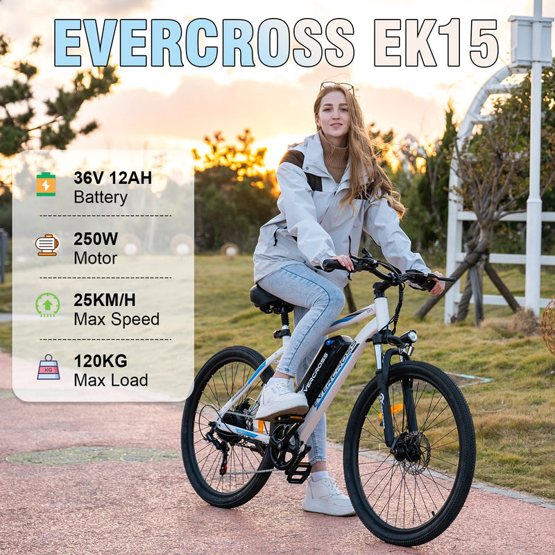 EVERCROSS TECH EK15 Electric bike adult, 26 E-boat with removable battery 36V 12Ah, 7 speeds, Range 35-90km