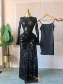 CM.YAYA 2025 Fall Women Long Sleeve Stacked Mesh See Though with Lining Bodycon Long Dress Evening Birthday Sexy Party Dresses