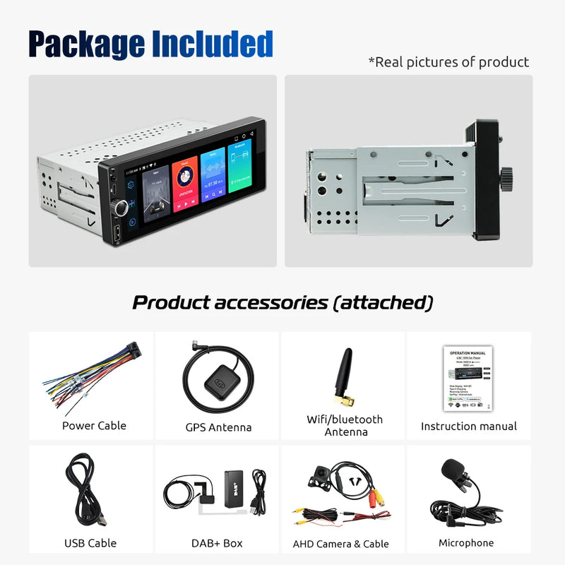 ESSGOO Single 1DIN 6.86" Android 14 4+64G Universal Car Stereo Radio CarPlay Android Auto Bluetooth USB Type-C Wifi FM GPS Navi