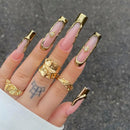 24Pcs Gold French Border False Nails Long Coffin False Nails with Rhinestones Ballerina Full Cover Nail Tips Press on Nails 2030