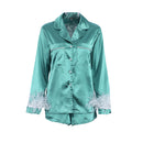 Women 2PCS Pajamas Patchwork Feather Cuffs Solid Color Long Sleeve Lapel Button Shirt with Short Pants Loose Loungewear Outfits