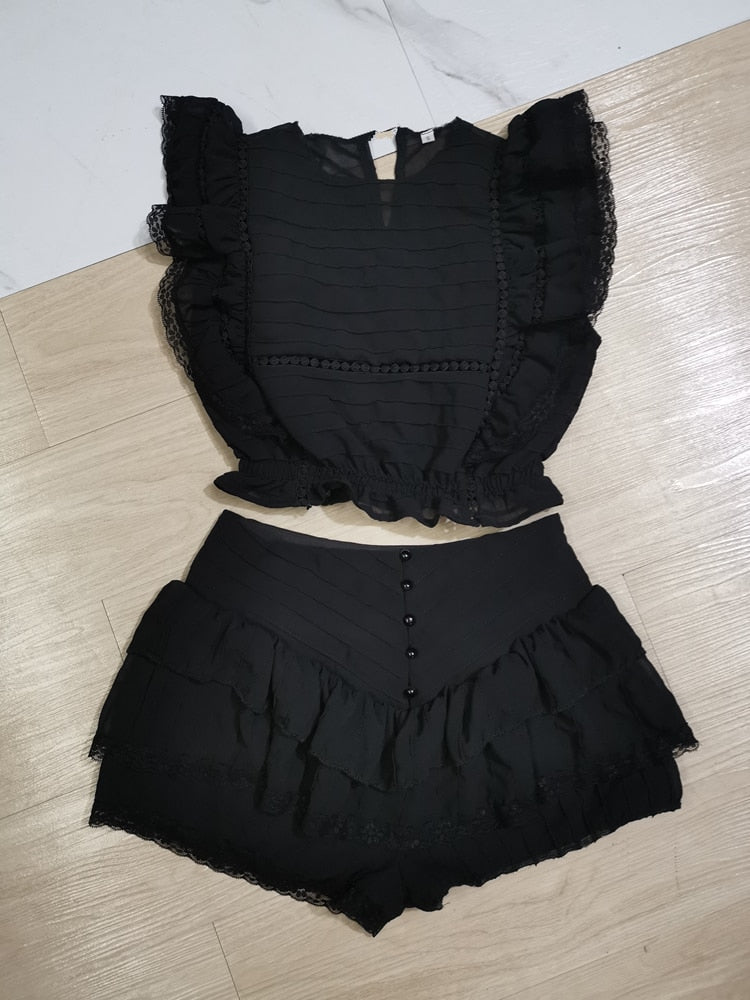 High Quality 2022 Sunday Set elastic waistband Cropped top with ruffle detail and cute ruffle mini shorts skirts