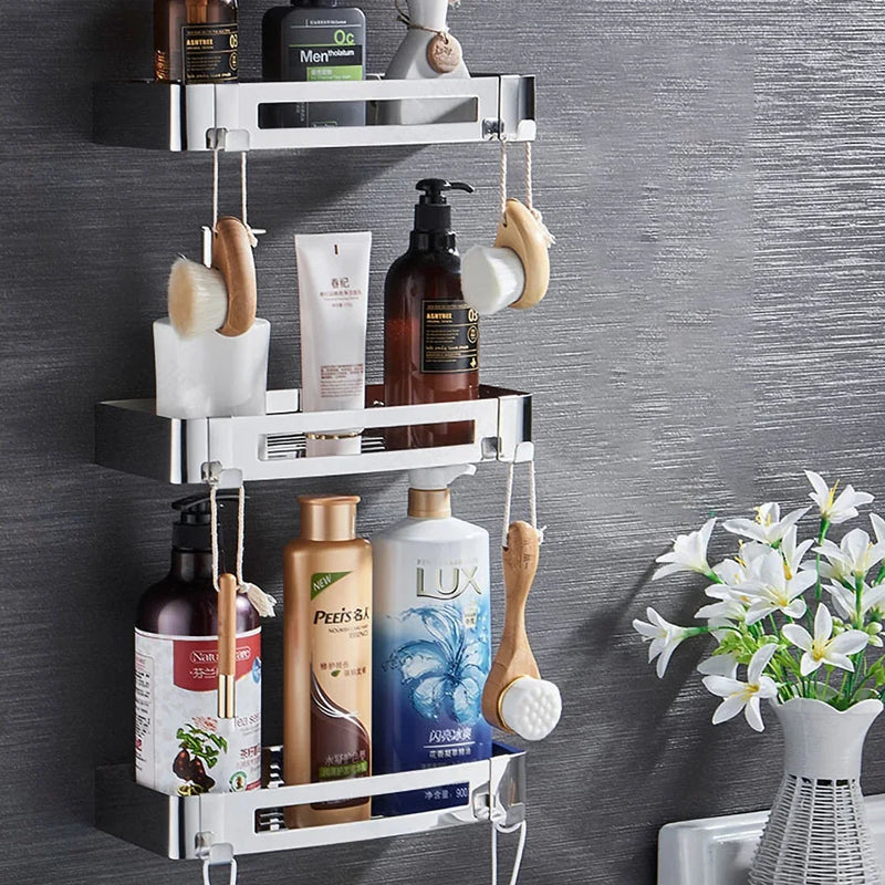 Corner Bathroom Shelves Shampoo Holder Wall Hooks Hanger Rack Polished Silver Stainless Steel Shower Caddy Toilet Accessories