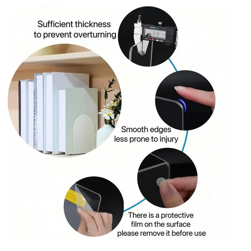 Acrylic Bookends, Non-Skid Book End, Clear Bookends for School Library and Desktop Organizer, Acrylic Book Ends for Book Shelves