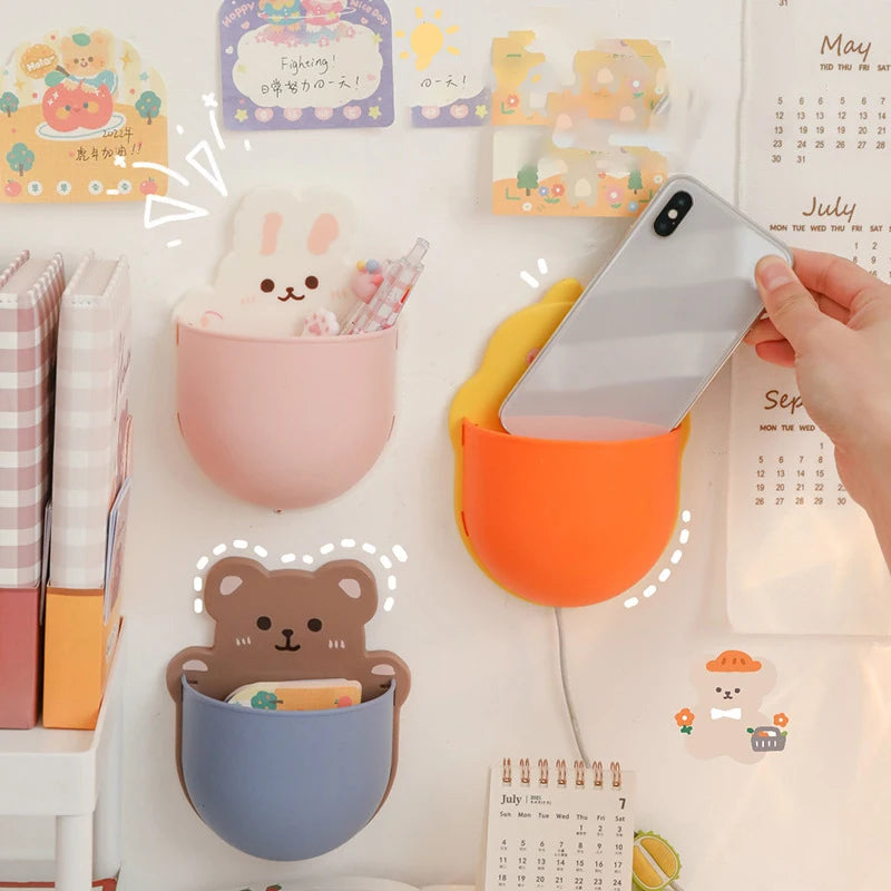 Kawaii Cartoon Bear Bunny Pen Holder Cute Storage Rack Self Adhesive Cosmetics Brushes Holder Korean Stationery Desk Organizer