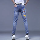 Fashion Printed Jeans Men's Korean Brand Embroidery Badge Pattern Youth Ripped Small Feet Teenagers Cowboy Pencil Pants