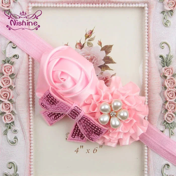 1PCS Baby Girls Flower Headband Rose Bow Pearl Elastic Kids Children Hairbands Hair Accessories Photo Props Headwear