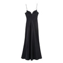 HH 2025 Women Red V-Neck Holiday Style Satin Texture Long Dress Sleeveless Summer Women's Back Zipper Fashion Sling Dresses