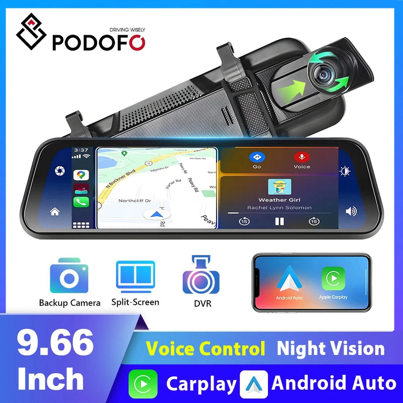 Podofo  Car Video Recorder Rearview 9.66 Inch Ultra HD Mirror Camera Wireless Carplay Front and Rear Camera Mirror DVR Black Box