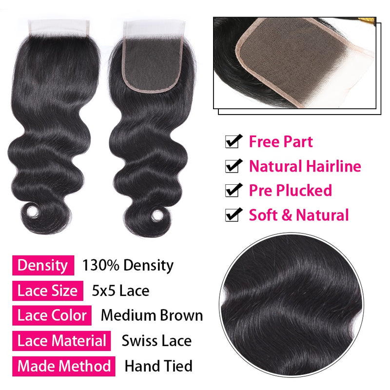 Indian Body Wave Lace Closure Human Hair 4x4 Lace Closure Middle/Free/Three 5x5 Lace Closure Trendy Beauty Closure Only