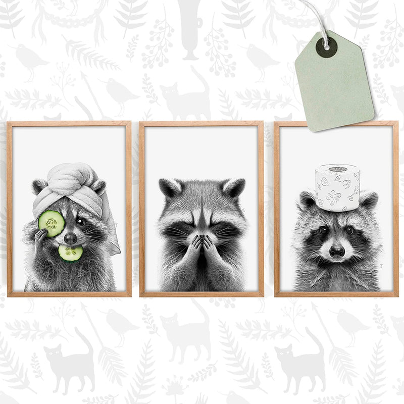 Adorable Raccoon Bathroom Roll Paper Prints Wall Art Canvas Painting Funny Toilet Poster Animal Cute Pictures Home Decoration