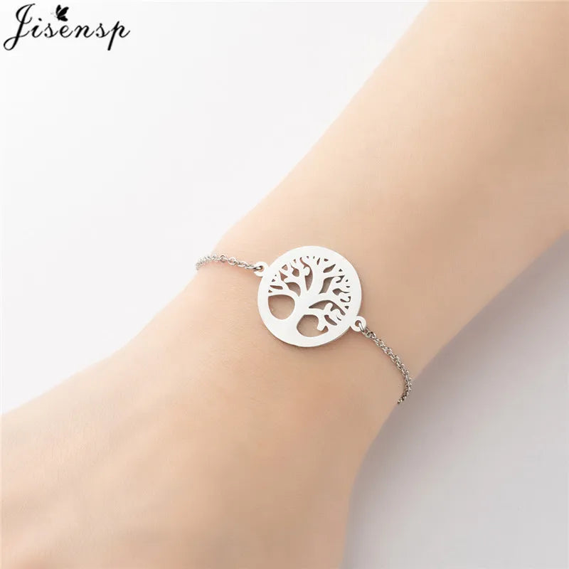 Stainless Steel Plant Charm Bracelet Minimalist Lotus Mandala Leaf Snowflake Bracelets for Women Tree of Life Bangles Jewelry