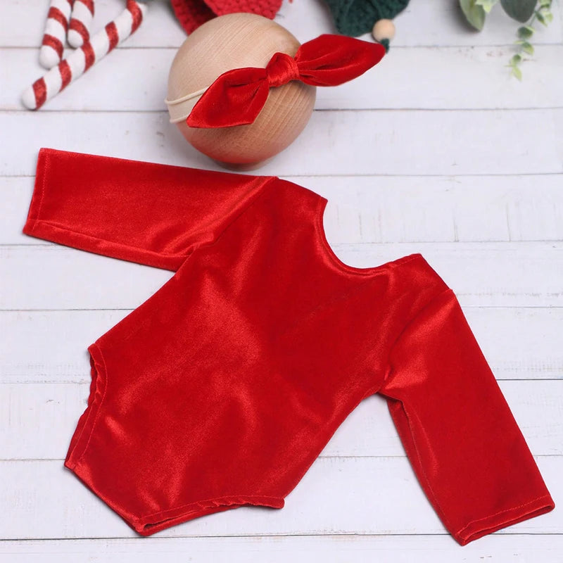 Ylsteed Newborn Christmas Photography Clothes Baby Girl Back Bow Red Romper with Rabbit Headband
