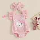 Baby Girls Rompers Easter Clothes Rabbit Embroidery Fly Sleeve Infant Bodysuits Jumpsuits with Headband