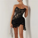Women Strapless Bandage Backless Floral Lace Corset Tube Dress Sleeveless Off Shoulder Ruched Mesh Bodycon Mini Dress