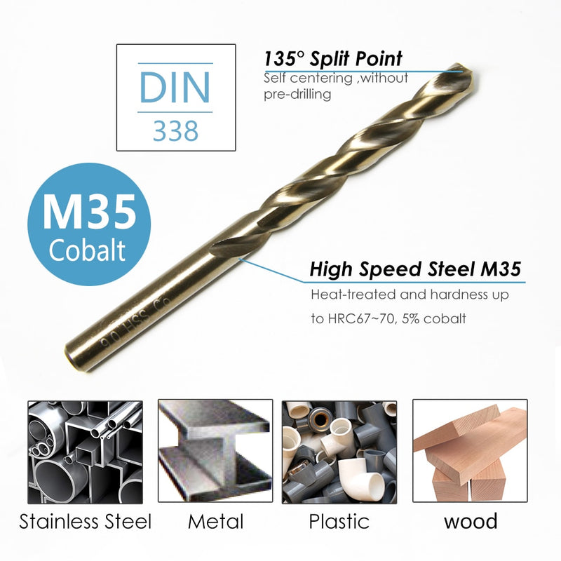 TASP 19pcs Metal Drill Bit Set HSS & M35 Cobalt Titanium Coated Drill Bits 1~10mm for Metal Stainless Steel Tool Accessories