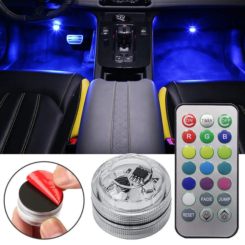 Wireless Adhesive LED Car Interior Ambient Light Remote Control Decoration Auto Roof Foot Atmosphere Lamp with Battery Colorful