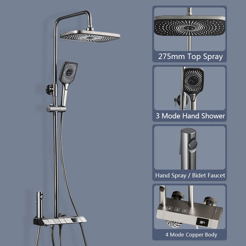 Top1 Piano Key Shower Set Gray Bathroom Digital Display Faucet Shower System Set Bathtub Hot and Cold 4 Functions Tap Shower Set